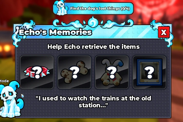 Echo's Memories dog quest showing the four required items in Steal an Egg