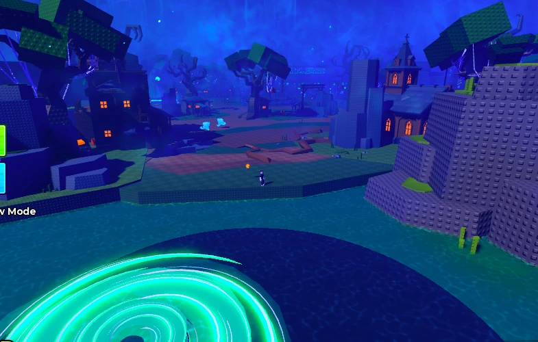Glowing lake straight ahead after leaving the train in Lost Town in Steal an Egg