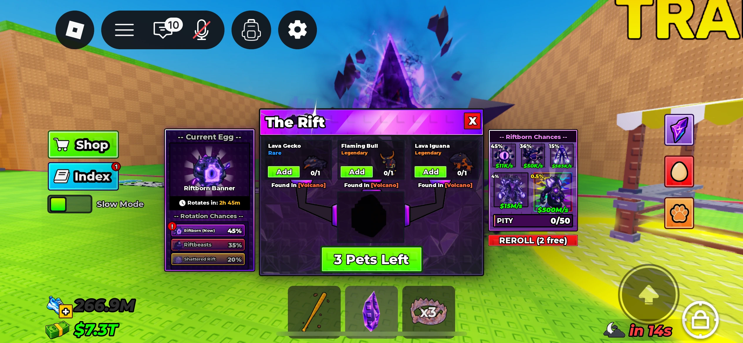 The Rift interface in Steal an Egg showing 3 Pets Left for sacrifice